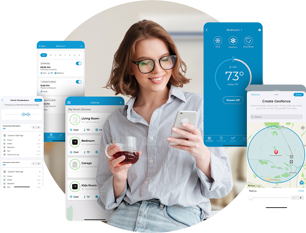 A woman using Cielo Home app to control her home climate. Multiple Cielo home app screens are displayed.