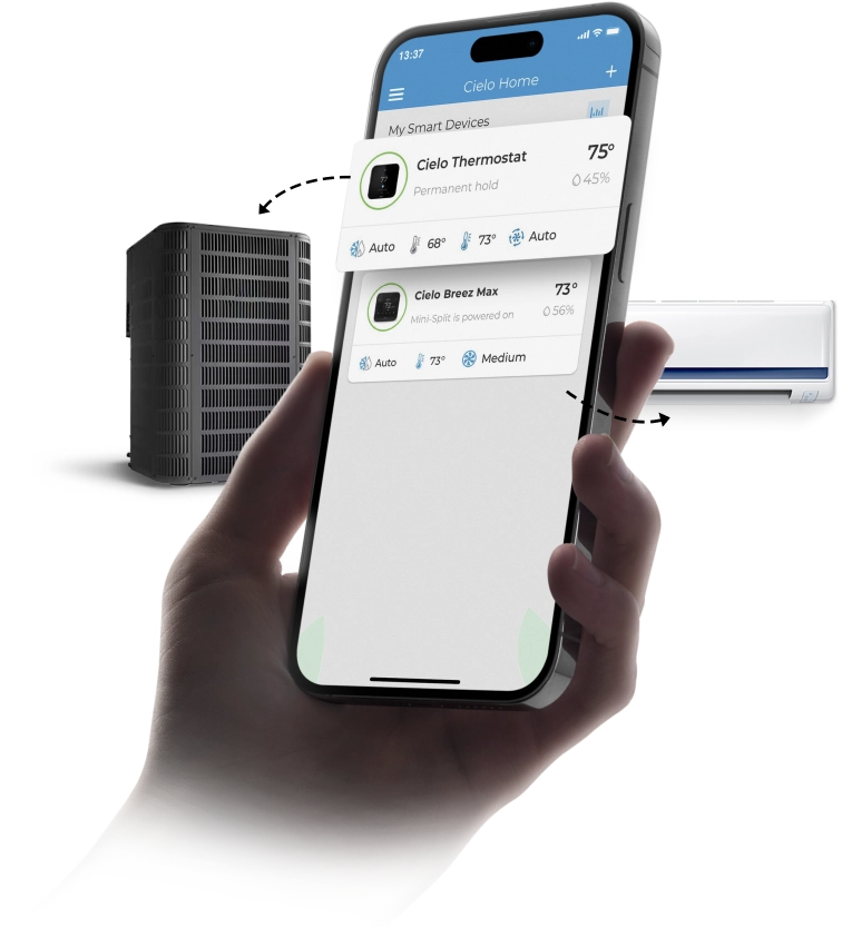 A person using Cielo Home app to manage their central hvac system and room mini-split