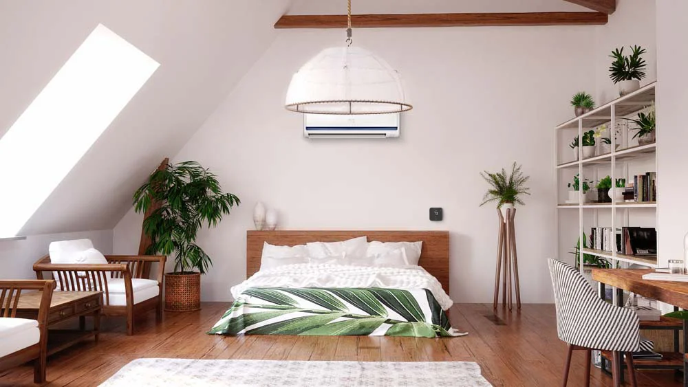Mini-split AC installed in an attic. Breez max, a mini-split thermostat is paired with mini-split