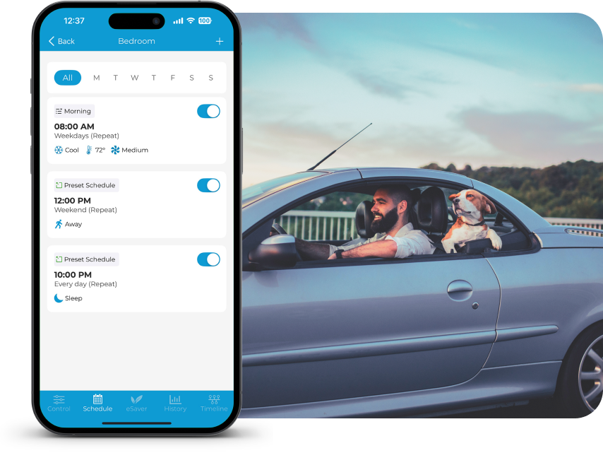 Weekly schedules on cielo home app, man and dog in car in the background.