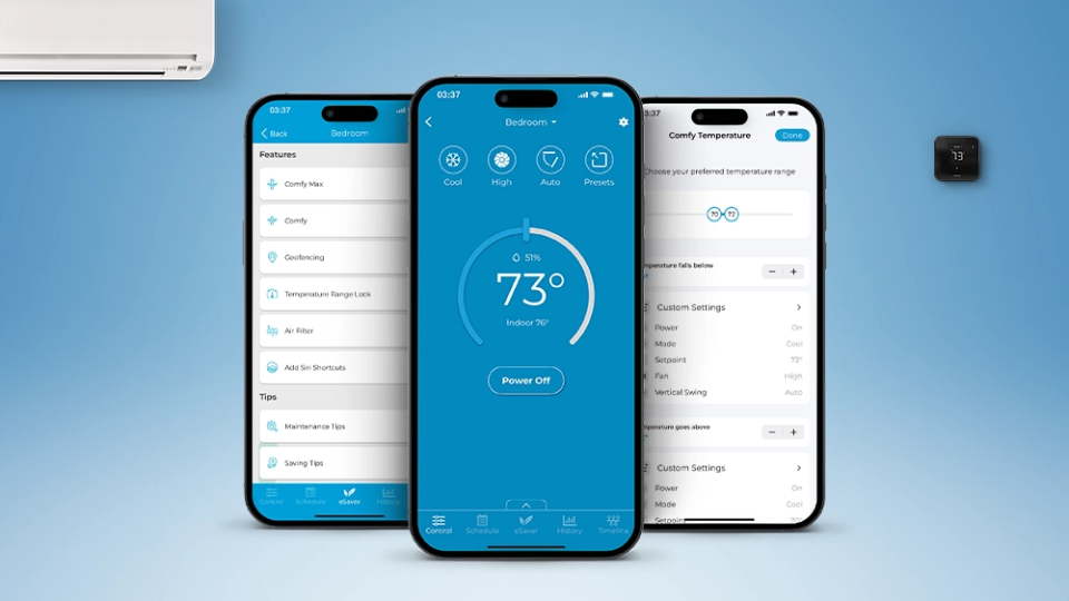 Cielo Home app screens. Cielo Breez max and mini-split in the background