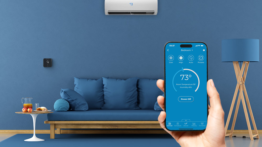 A person using cielo home app. Cielo Breez Max is installed in the room.