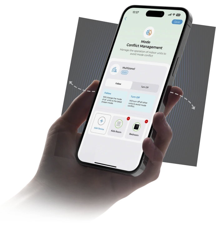 Multi-zone mini-split app control screen to avoid mode conflict via follow or turn off options