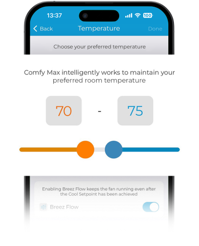 Comfy max screen on Cielo Home app highlighting room temperature limits