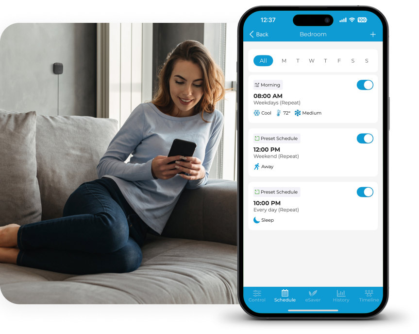 Woman using weekly scheduling on cielo home app