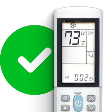 A remote with a green checkmark on the left side indicating that Cielo breez edge is compatible with any ductless unit that has an IR remote with a display.