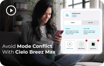 Woman using multi-zone mini-split control feature on Cielo home app