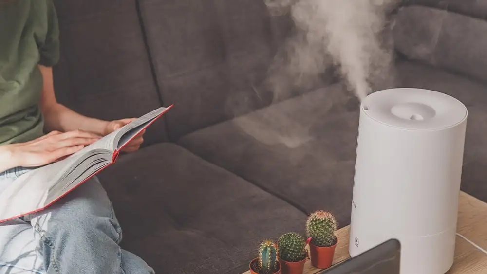 Woman reading a book next to a humidifier.