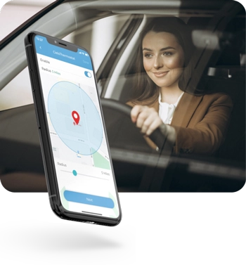 Cielo home app screen showing geofencing feature. Woman driving back home.