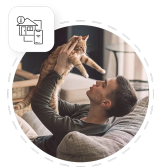 Man playing with cat and automated home climate control icon on top.