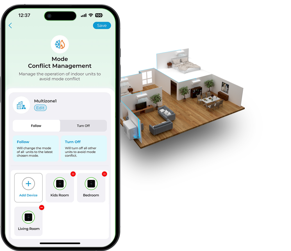 Multi-zone mini-split control screen in cielo home app.