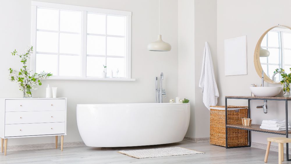 a modern bathroom with a tub 