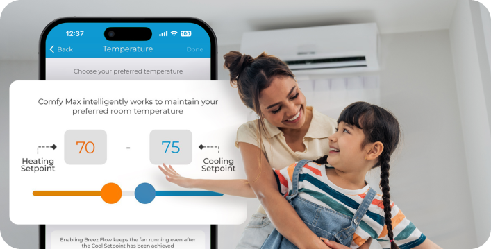Comfy Max screen in cielo home app. Sisters enjoying a comfortable room temperature.