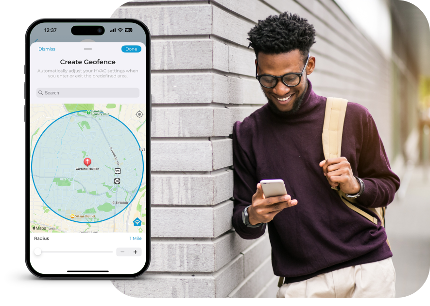 Geofencing screen on Cielo Home app. A man using cielo home app in the background.