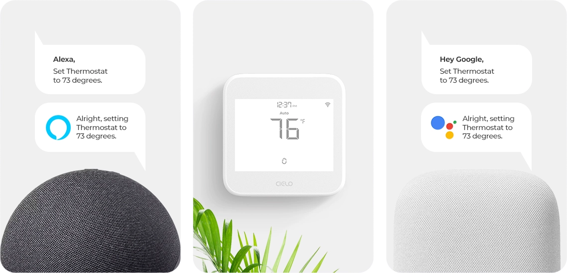 Voice commands for Alexa and Google to change AC temperature via Cielo Smart thermostat Eco.