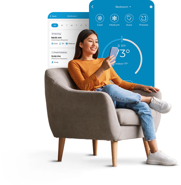 Woman using Cielo home app to adjust temperature settings