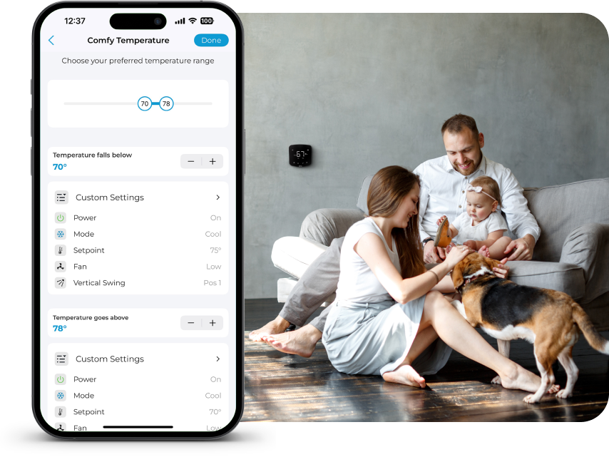 Comfy mode screen in Cielo Home app. Family enjoying ideal home temperature in the background.